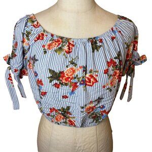 Forever 21 Striped Floral Puff Sleeve Crop Top Size Medium Blue White #156